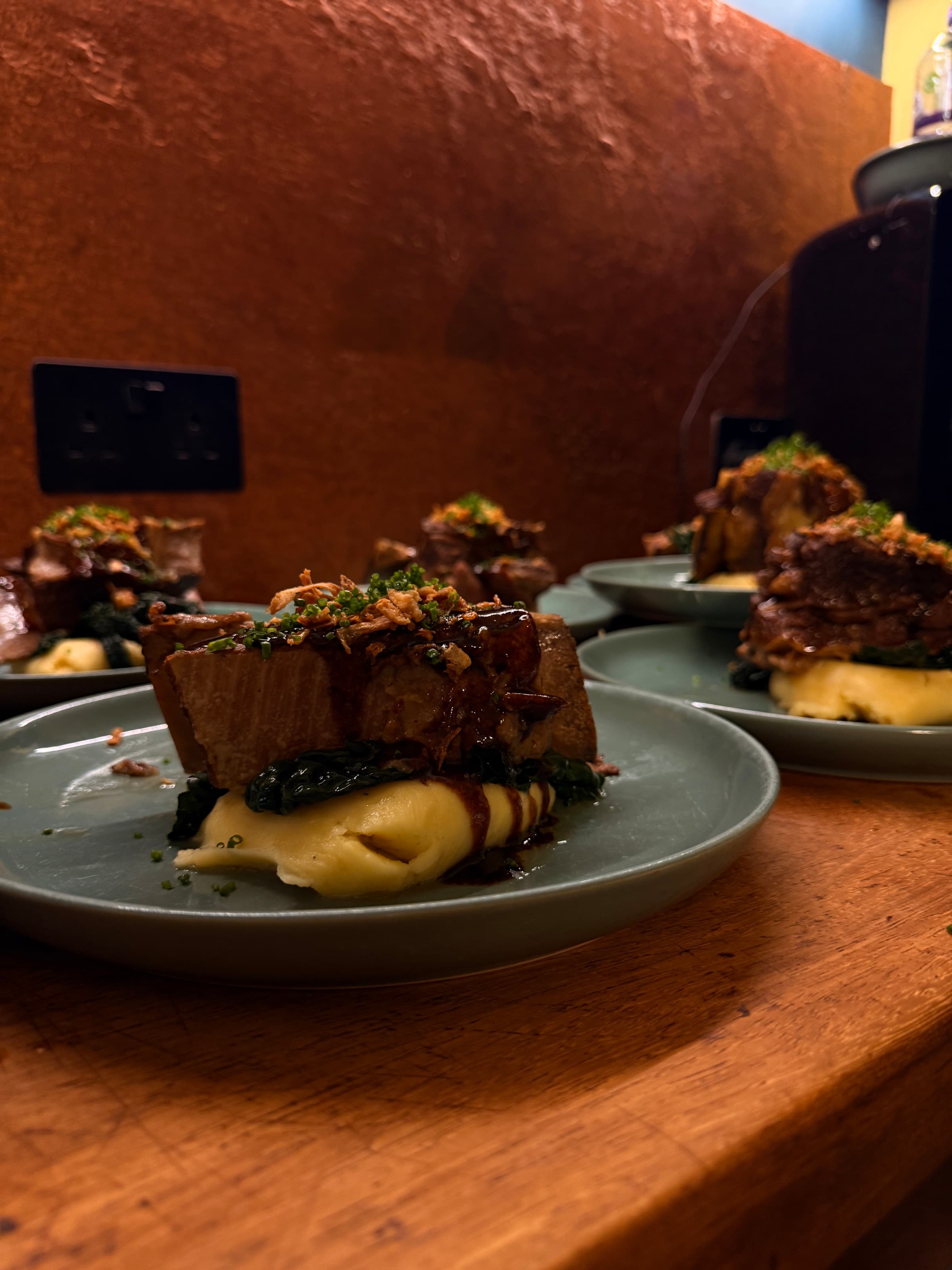 Pork Belly, Stacked — mash · jus