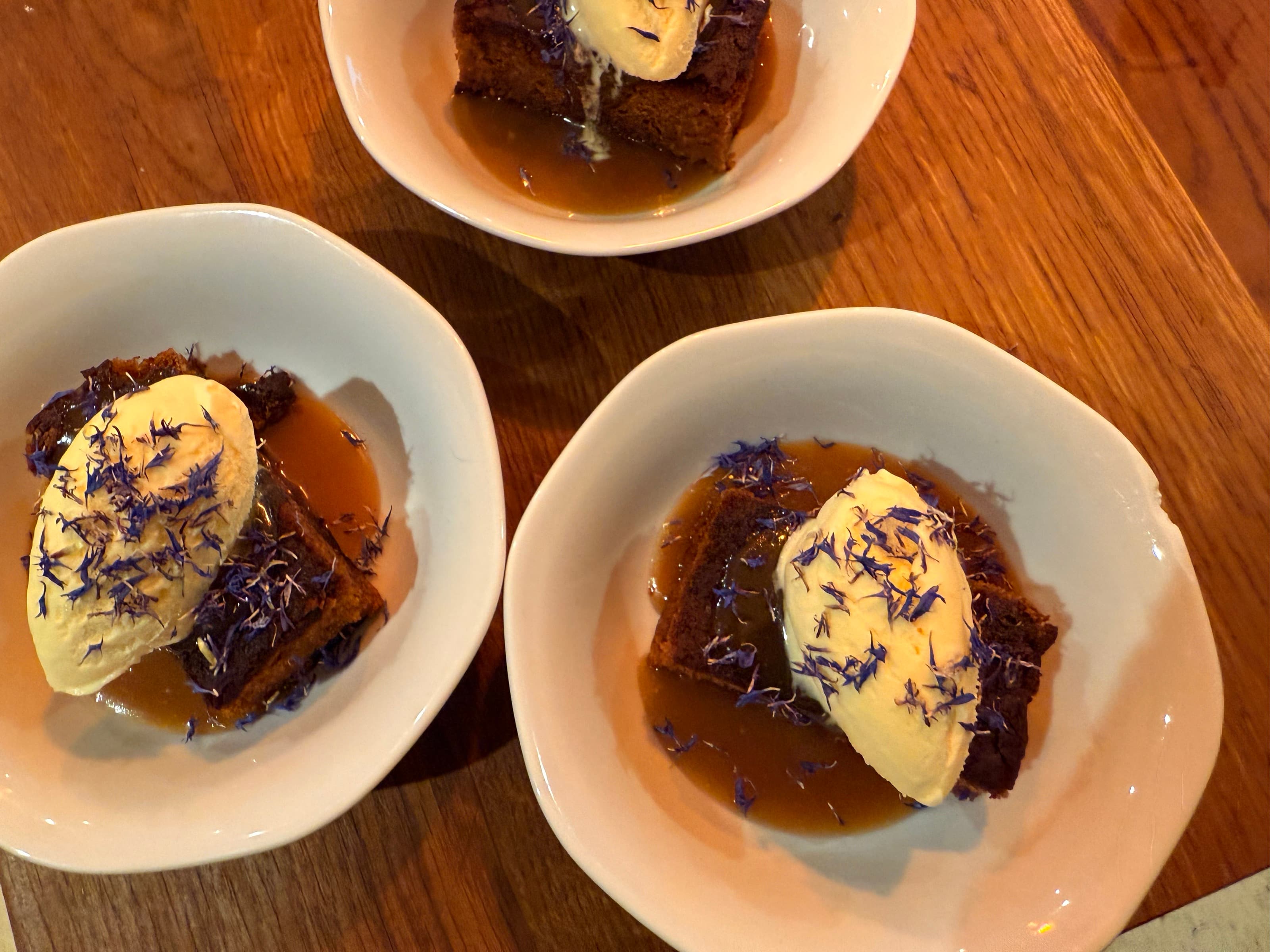 Sticky Toffee, Served — lavender · cream
